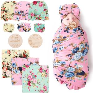 DRESHOW BQUBO Floral Swaddles for Baby Girl Newborn Receiving Blanket with Bow Hat Mittens Wooden Birth Announcement Card Set Baby Floral Print Swaddle Nursery Swaddle Wrap, 3 Pack