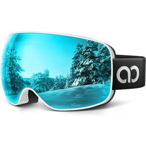Lamicall Ski Goggles with 3X Anti-Fog - 100% UV Protection, OTG, Gifts for Skiing, Snowboard, Snowmobile, Men, Women (White Frame - Green Blue Lens)