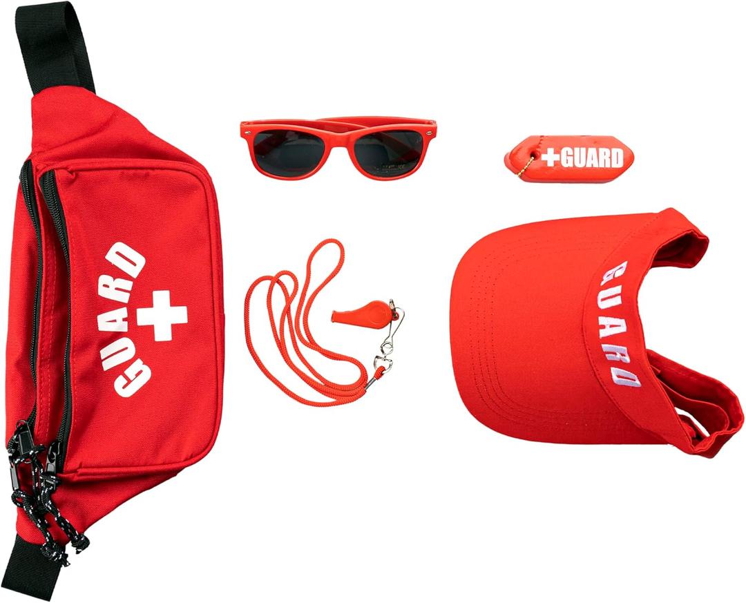 Lifeguard 6 Piece Accessories Kit - Fanny Pack First Aid Pouch w/Adjustable Waist Hip Strap, Red Sun Visor w/Adjustable Strap, Whistle & Lanyard, Red Sunglasses, Rescue Tube Float Keychain