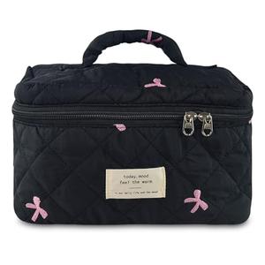 GISMTR Makeup Bag, Quilted Bow Cosmetic Bag, Large Travel Aesthetic Make up Bag, Cute Coquette Toiletry Pouch for Women Girls