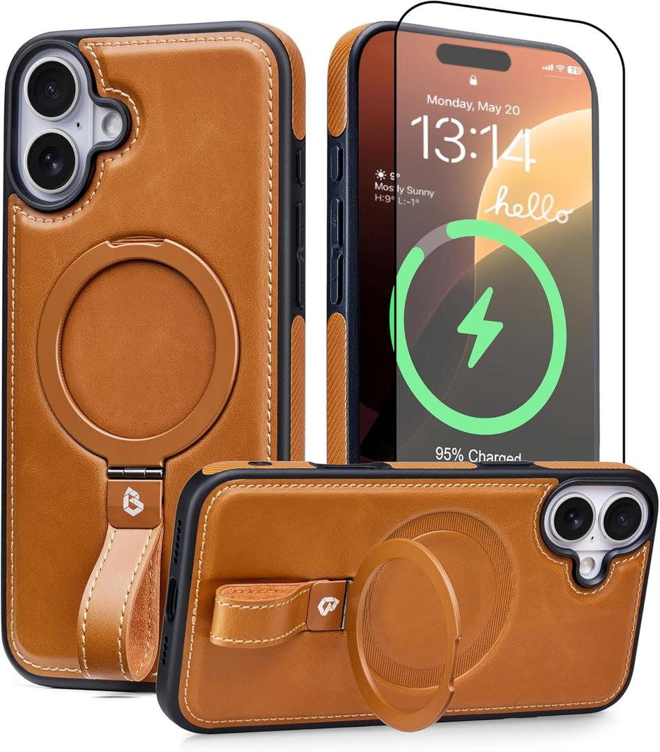 for iPhone 17 Leather Case with Stand, Anti-Slip Grip Ring, Fits for MagSafe (Brown, iPhone 17)