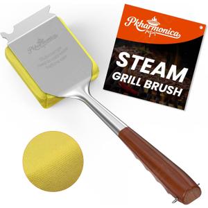 Grill Brush for Outdoor Grill, Bristle Free Grill Brush with Scraper, Safe Steam Grill Cleaner for BBQ &Griddle, Long Rosewood Handle Reaches Corners, for Porcelain, Cast Iron & Stainless Steel Grates