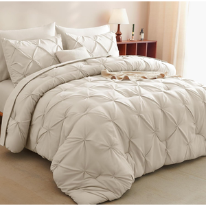 CozyLux King Size Comforter Set Beige, 7 Pieces Bed in A Bag Cream Off White Comforter King Size, Pinch Pleat Bedding Set with All Season Comforter, Flat Sheet, Fitted Sheet, Pillowcases & Shams