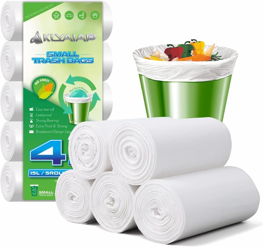 220 Counts Aklyaiap 4 Gallon Trash Bag,Tear & Leak Resistant Bathroom Biodegradable Small Garbage Can Bags Unscented for Home & Kitchen, 5Rolls, White (1 Count (Pack of 220))