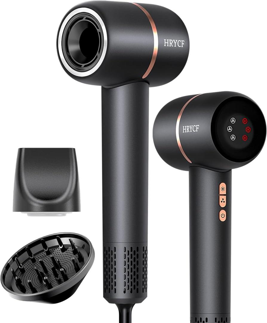 Ionic Hair Dryer Fast Drying, 160000 RPM High-Speed Brushless Motor, Thermo-Control Professional Blow Dryer, Low Noise, Lightweight, Magnetic Concentrator and Diffuser for Curly & Straight Hair, Gray