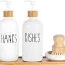 2 Pack Glass Soap Dispenser Set with Tray and Bamboo Dish Brush, Hand and Dish Soap Dispenser 16oz Kitchen Soap Dispenser Set Farmhouse Decor Soap Pump Bottle (White & White)