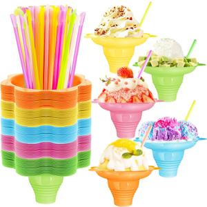 200Pcs Colorful Snow Cone Cups with Spoon Straws,4oz Plastic Flower Shaped Ice Cream Cup,Reusable Ice Cups Snack Bowls for Summer,Birthday,Party,Cookout,Food Service(5 Colors)