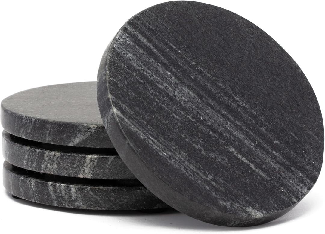 Thirstystone 4 Pack Natural Black Marble Round Coasters with Protective Felt Feet on The Bottom 4" Diameter Elegant Heat Tolerant Easily Wipes Clean
