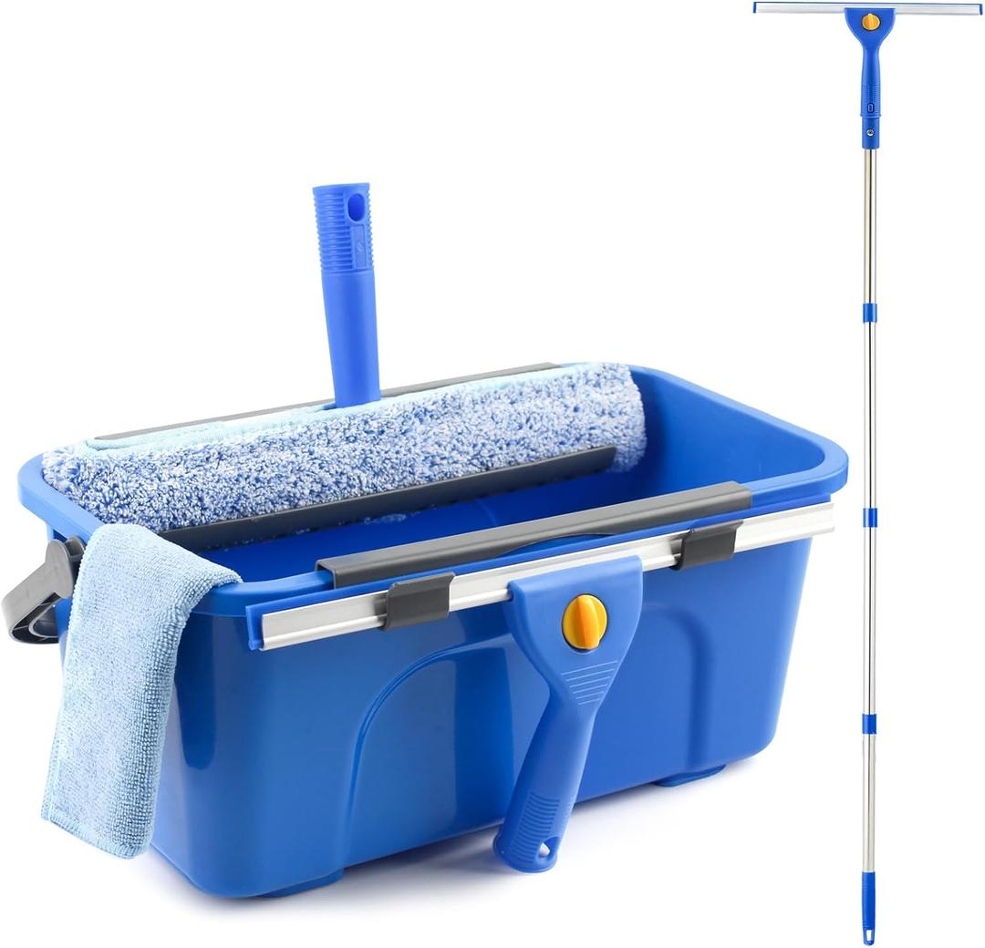 Window Cleaning Kit with Bucket 3 Gallon, 14" Window Squeegee and 15" Scrubber with 61" Long Handle, Professional Window Washing Equipment Cleaner Tool for Home Outdoor Commercial Use