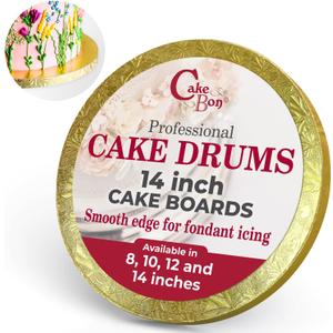 Cakebon Round Cake Boards - Sturdy 1/2 Thick Cake Drums - 14 Inch Professional Base Para Pastel Smooth Straight Edges Gold 1-Pack