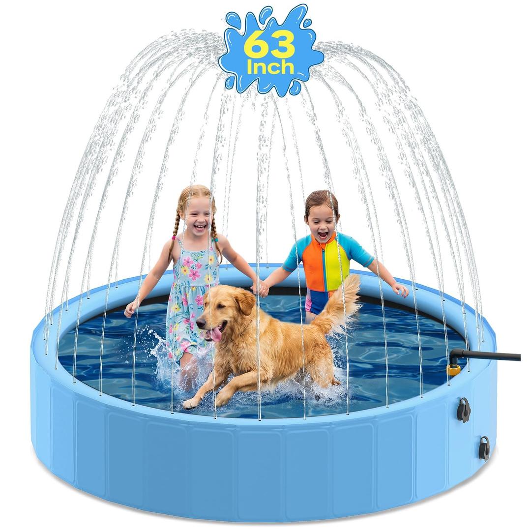 Pechfun 79'' Dog Pool with Sprinkler, Dog Pools for Large Dogs, Foldable 2-in-1 Kiddie Pool for Dogs & Kids, Non-Slip Heavy Duty Hard Plastic Pet Bathing Tub for Outdoor Backyard, Blue