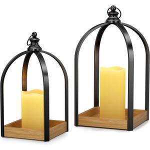 Decor Modern Farmhouse Lantern Decor Set of 2, Black Metal Candle Lanterns, Wooden Lanterns Decorative w/Timer & Remote-Controlled Flickering Candles for Home, Indoor, Table, Fireplace Mantle Dcor