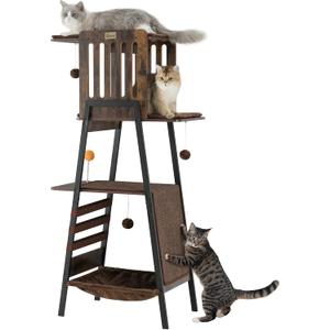 FourFurPets Modern Cat Tree, 58-Inch Cat Tower for Large Cats, Maine Coon Cat Tree with Scratching Board, Large Perch, Hammock and Removable Pads, Rustic Brown