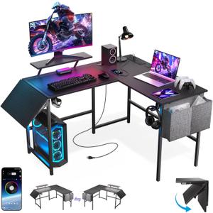 L Shaped Gaming Desk with Desk Extender, 47-59in Smart Corner Computer Desk with LED Lights & Power Outlets, Monitor Stand, Storage Bag, for Work, Home Office, Bedroom, Study, Black