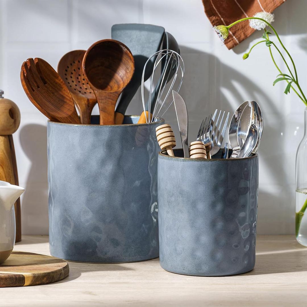 famiware Ocean Utensil Holder, 7.2"+5.8" Ceramic Kitchen Utensil Holder for Countertop, 2 Pieces Cooking Utensil Crocks, Utensil Organizer for Spatula & Spoon, Kitchen Decor, Set of 2, Blue