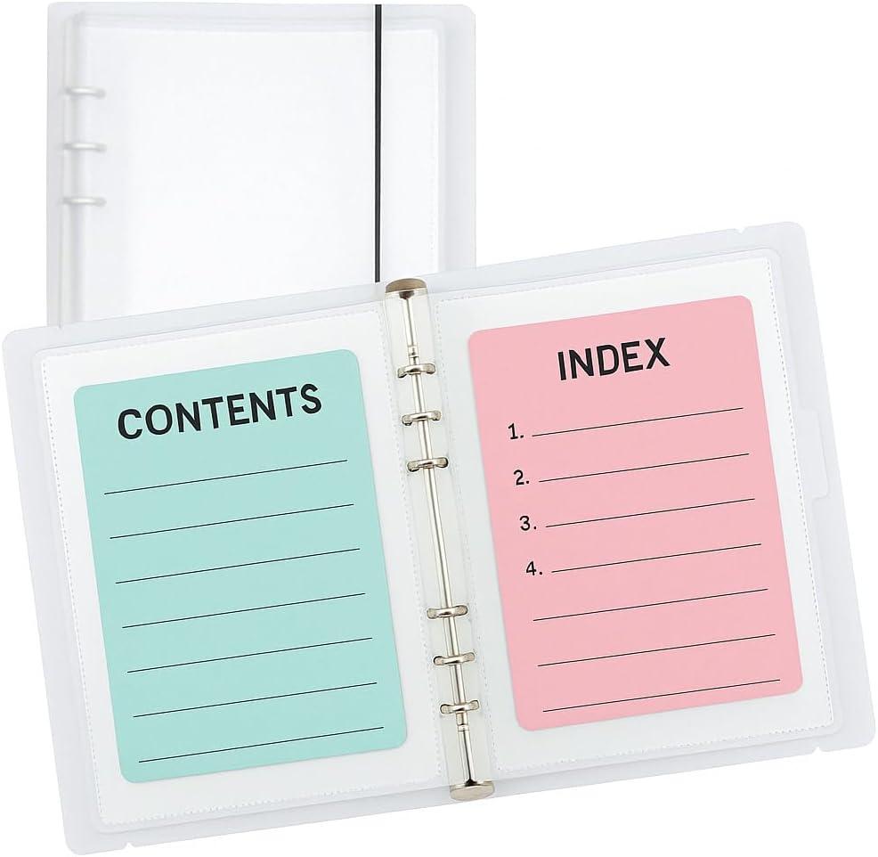 Large 5x8 and 5x7 Index Card Binder Holder with Clear Plastic Sleeves  90 Pocket A5 6-Ring Binder for Flashcards, Postcards, Recipe Cards  Small Storage Organizer with Sheet Protectors