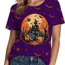 Halloween Shirts for Women: Castle Pumpkin Pattern Halloween Party Short Sleeve Costumes Crewneck T-Shirt (Purple, M)