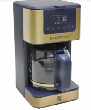 West Bend Drip Coffee Maker Brews Hot or Iced, Programmable with Brew Strength Selector Auto Shut-Off and 6 Functions Permanent Mesh Filter and Glass Carafe, 12-Cup, Slate Blue