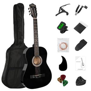 38in Beginner Acoustic Guitar Basic Starter Kit Tuner Bag Capo Strings Winders Strap Picks Student/Kids Guitar Pickguard with Gig Bag Black