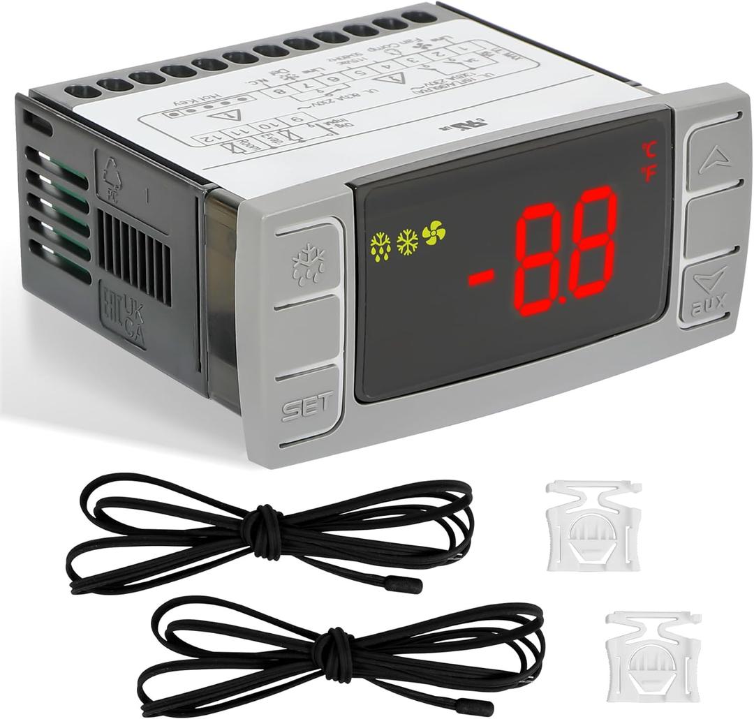 Replacement for Dixell XR06CX-4N1F1 Temperature Controllers, Ideal for 120V 50-60Hz Commercial Refrigerators/Freezers, Programmable Digital Thermostat with Sensor Probe & Mounting Hardware