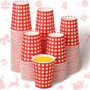 Jinei 100 Pcs 9 oz Christmas Disposable Paper Cups White and Red Plaid Cups Christmas Party Supplies for Coffee Cold Hot Drinks Birthday(Red, White)