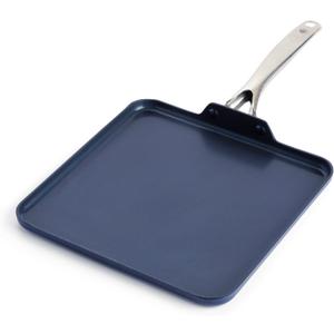 Blue Diamond 11" Nonstick Square Griddle Pan, Non Toxic PFAS-Free Diamond Ceramic, Dishwasher & Oven Safe, Even Heating, Metal Utensil Safe, Warp Control, Blue