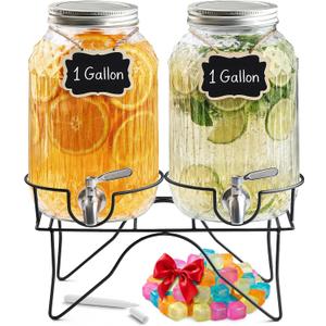 2 Gallon Glass Drink Dispensers for Parties with Stand (2 Pack)