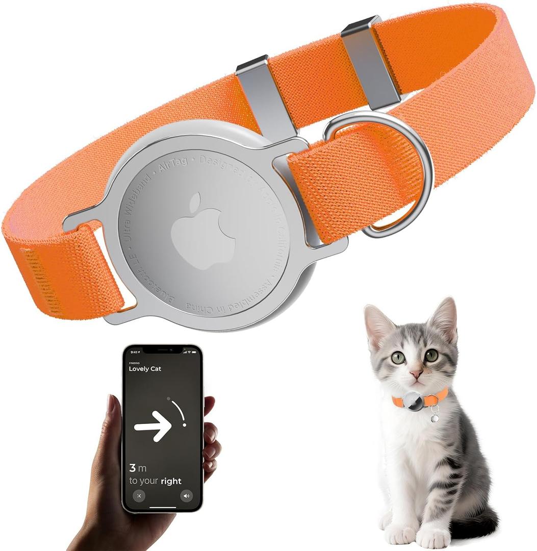 AirTag Cat Collar, Ultra Elastic Cat Tracker Collar, Airtag Holder Compatible with Apple Air Tag, [Lightweight & Scratch Resistant] Adjustable Stepless GPS Pet Collar for Cats Kittens, Orange