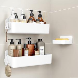 Orimade Shower Caddy 3-Pack, No-Drill Adhesive Shelves for Bathroom, Rustproof ABS Storage Organizer Set, White