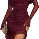 BeryLove Women's Sexy Sequin Prom Cocktail Dress Ruched Bodycon Off Shoulder Formal Party Long Sleeve Dresses (XX-Large, Burgundy)