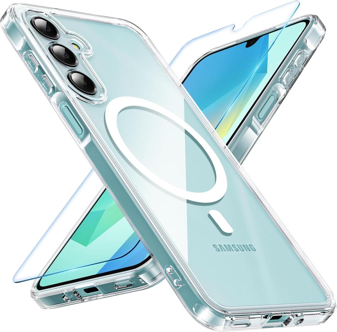 Hensinple for Samsung Galaxy A16 5G Phone Case, Magnetic Samsung A16 5G/4G Case with Screen Protector, Compatible with MagSafe, Not-Yellowing Military Shockproof Cover for Samsung A16 5G Case (Clear)