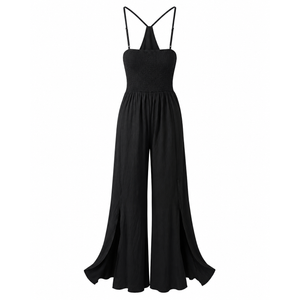 Black Smocked Wide Leg Jumpsuit with Adjustable Straps, Size M