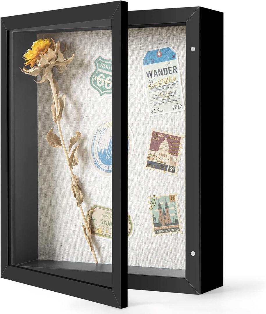 Califortree 8x10 Shadow Box Frame with Linen Back - Sturdy Memory Display Case of Flower, Pictures, Medals and More, Black