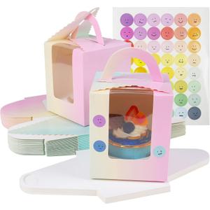KEYIDO 30 Pcs Individual Cupcake Boxes Gradient Single Cupcake Boxes 1 Hole Cake Box with Clear Window Inserts and 2 Sheets of Stickers for Wedding Birthday Party Favors, 9.4 x 11 cm