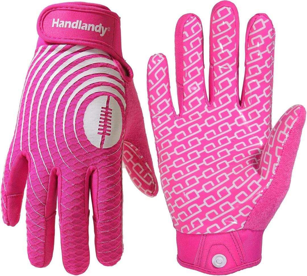 HANDLANDY Youth Football Gloves, Kids Sticky Receiver Gloves,Super Grip Football Glove Best Gift for Boys,Girls (Pink and White)
