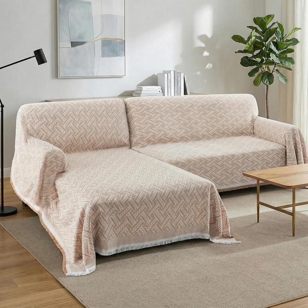 Turquoize Sectional Couch Covers L Shape Couch Cover Sectional Sofa Cover Washable 2 Pieces Blanket for Sectional Sofa Feature Geometrical Woven Jacquard Fabric (Chaise/2 Seats, Khaki/White)