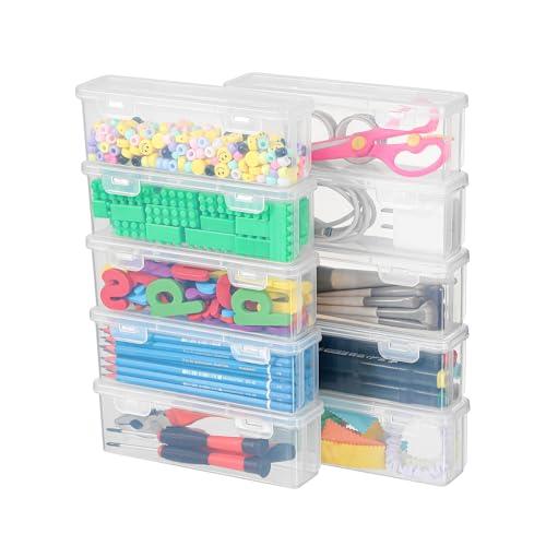 Swuj 10 Pack Clear Plastic Pencil Case Boxes - Narrow Stackable Storage Organizers with Snap Lids for Pens, Markers, Makeup Brushes, Art Supplies, Beads, Jewelry, School Office Use, Rectangular Narrow