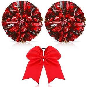 Hanaive 3 Pcs Cheerleading Pom Poms and Large Cheerleader Hair Bow Metallic Cheer Supplies for Team Spirit Sports Dance Cheering