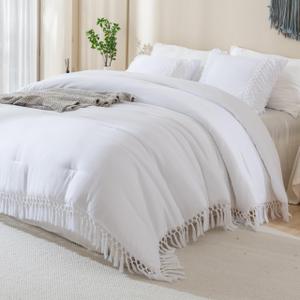 Andency White Comforter Set Queen, 3 Pieces Boho Tassel Lightweight Soft Bedding Comforter Sets, All Season Fluffy Fringe Bed Set (90x90In Comforter & 2 Pillowcases)