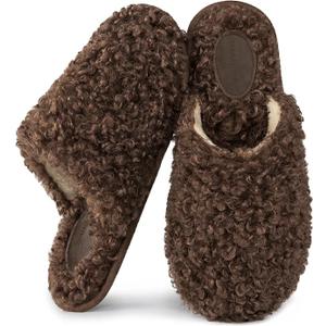 Snug Leaves Women's Scuff Slippers Furry Cute Curly Faux Wool Slip-on Indoor Memory Foam House Shoes, Size 11-12