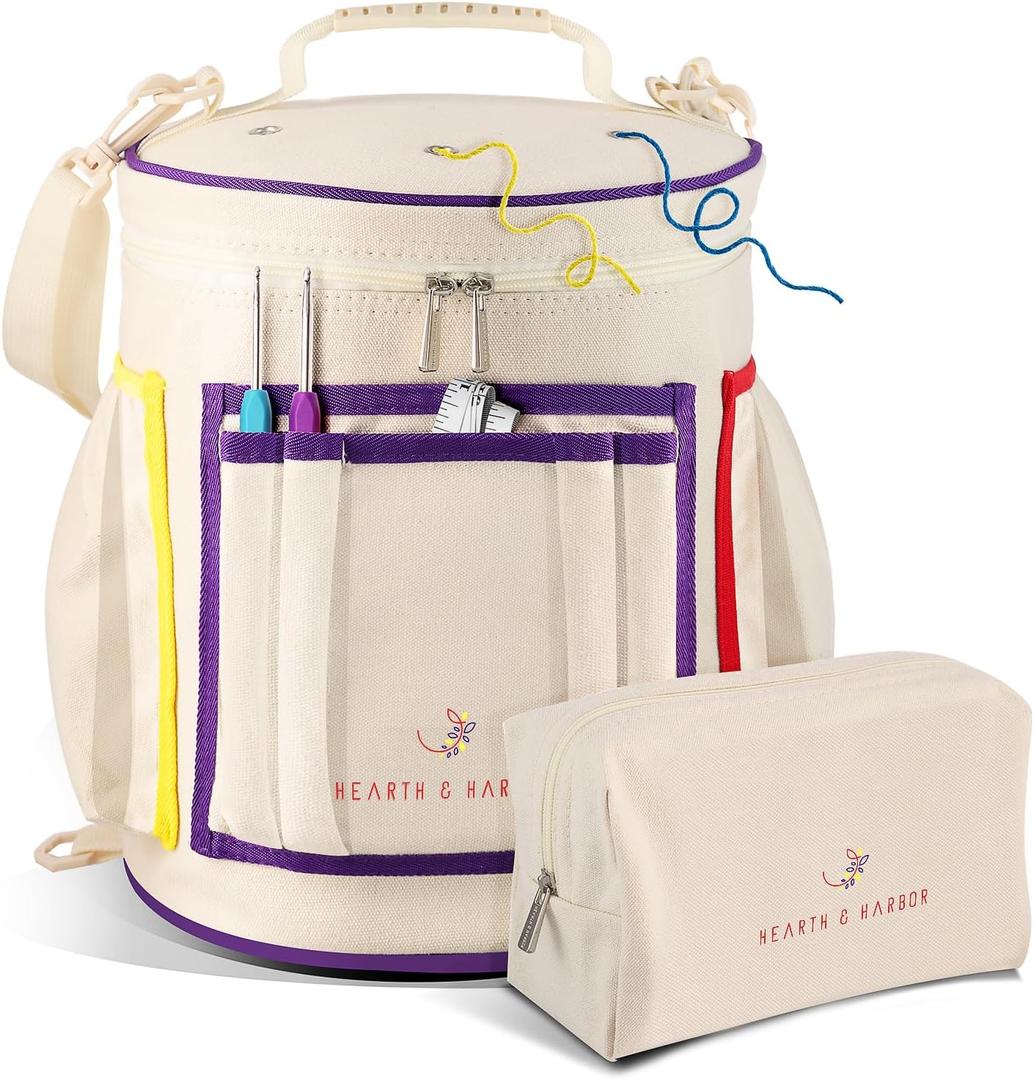 Hearth & Harbor Crochet Bag Organizer Durable Knitting Bag, Yarn Organizer for Crochet Accessories and Supplies, Canvas Yarn Bag, Crochet Organizer with Accessories Case, Yarn Storage Organizer