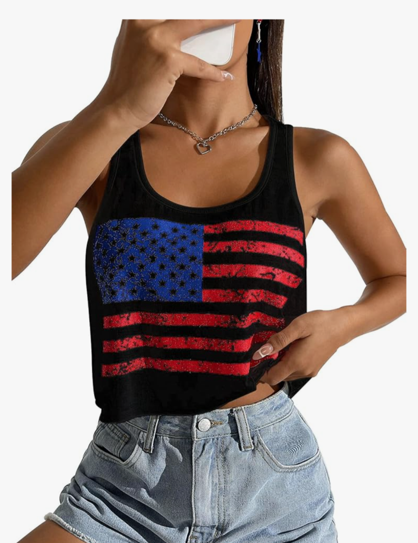 Women's Sexy American Flag Crop Tank 4th of July Patriotic Sleeveless Tee Tops, L, Black