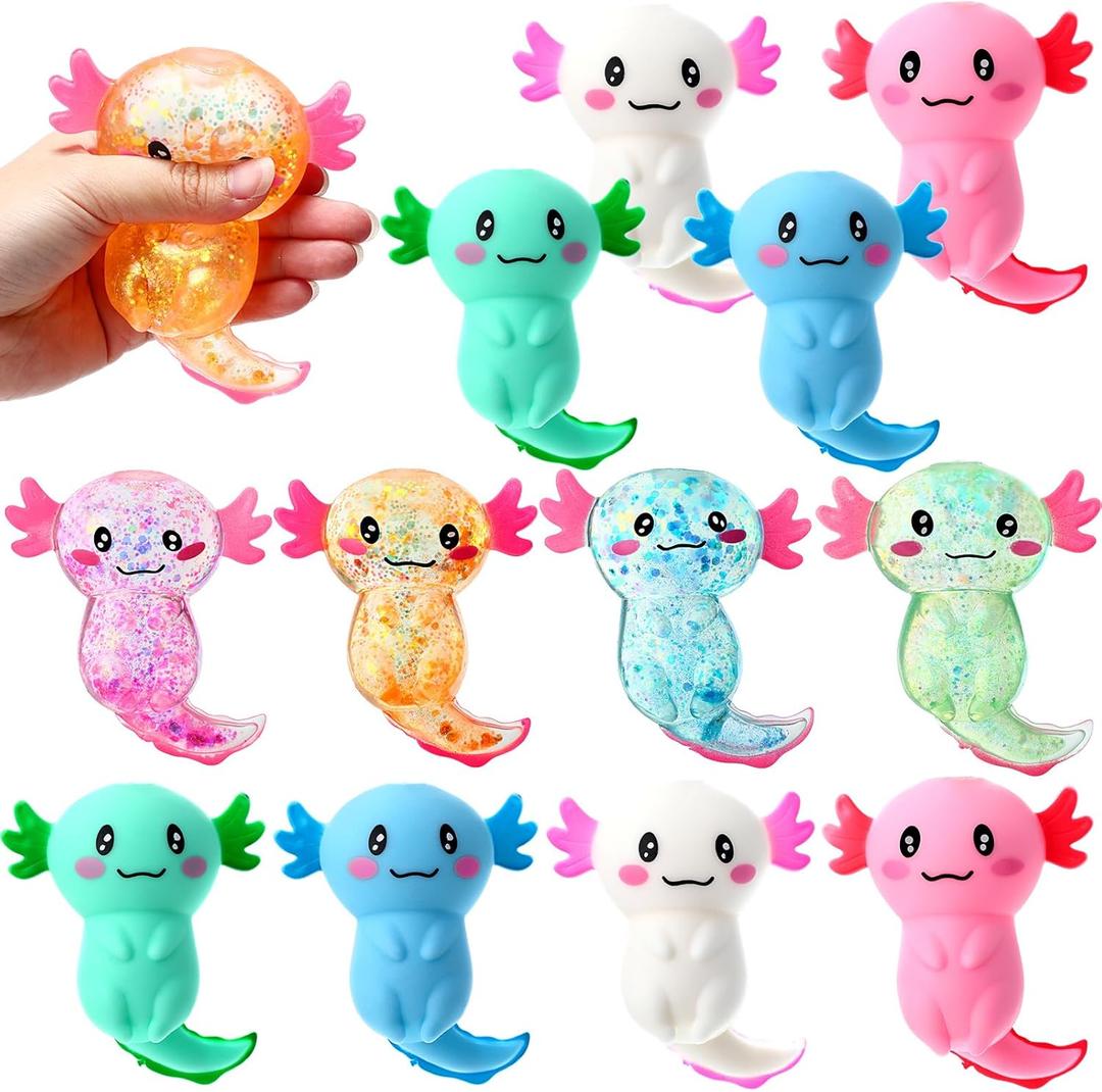 Meooeck 12 Pack Stress Relief Axolotl Toys Stress Glitter Axolotl Starfish Sugar Balls Relaxing Sensory Fidget Toy Relieve Anxiety Squeeze for Birthday Party Supplies Goodie Bag Stuffers (Cute)