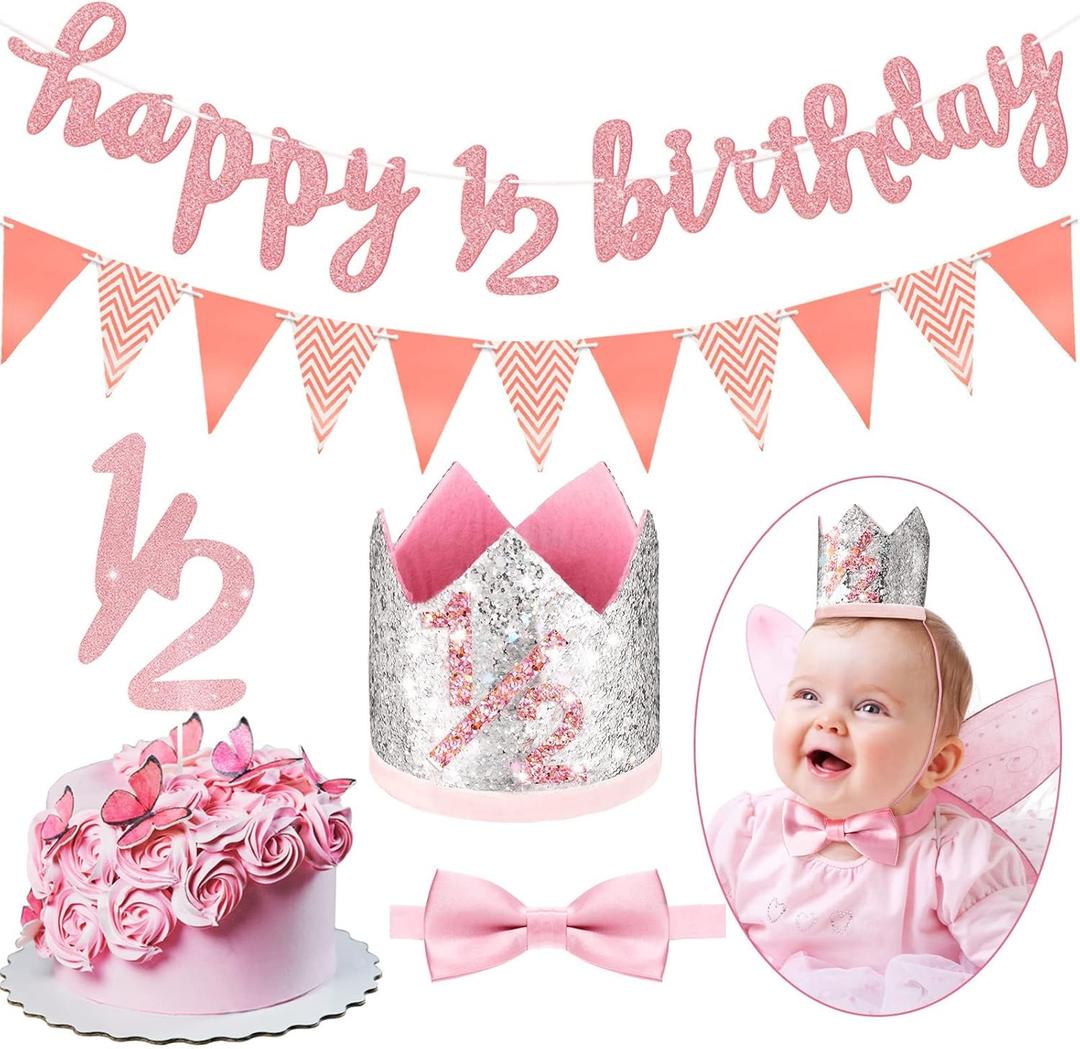 Spakon Glitter Half Birthday 6 Months Happy Birthday Banner Set Happy 1/2 Birthday Baby Boy Girl 1/2 Half Year Cake Topper Triangle Flag Banner 1/2 Birthday Crown Hat Bow Tie (Rose Gold)