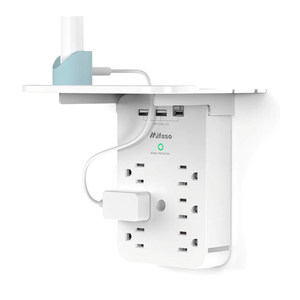 Wall Outlet Extender with Surge Protector, 6 AC Outlets, Shelf, 2 USB & USB C Charging Ports - Home & Dorm Plug Expander