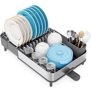 Urackify Dish Drying Rack, 304 Stainless Steel Dish Drainer with Removable Utensil Holder & Drain Board, Rustproof Space-Saving Dish Rack for Kitchen Countertop, Grey