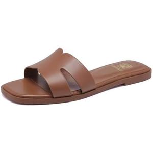 FW FRAN WILLOR Women's Flat Sandals Dressy Comfortable Slide Sandals Fashion Square Open Toe Slip On Beach Sandals for Summer Size 6