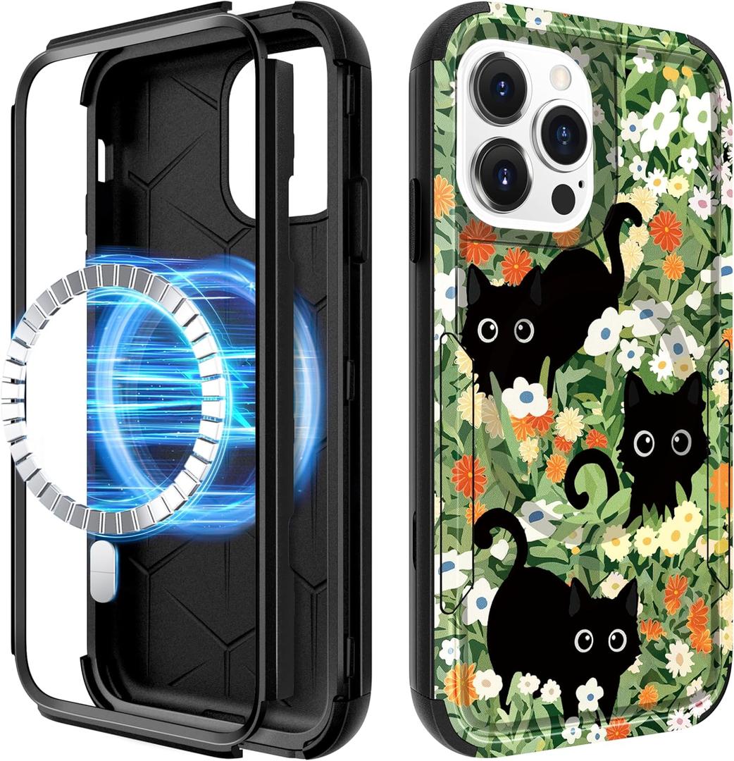 For iPhone 13 Pro Case - Compatible with MagSafe Women Girls Cute Magnetic Protective Phone Cover Black Cat Flowers Heavy Duty Shockproof Phone Case for iPhone 13 Pro 6.1 Inch