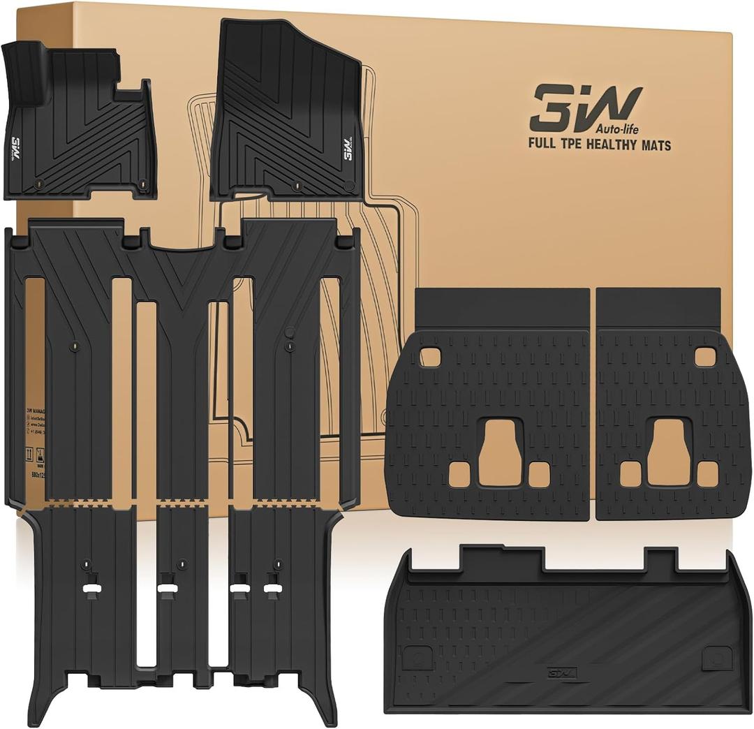 3W Floor Mats & Seatback Mats & Cargo Liner for Kia-Carnival 2022-2026Only Fit Gas,Custom Fit All Weather TPE Full Set Floor Liner Trunk Mat with Backrest Mats Accessoires, Black