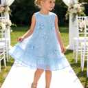 Girl Tulle Dress Toddler Girl Sequin Birthday Party Dress A-Line Kid Sleeveless Casual Dress 6-7 (Blue)